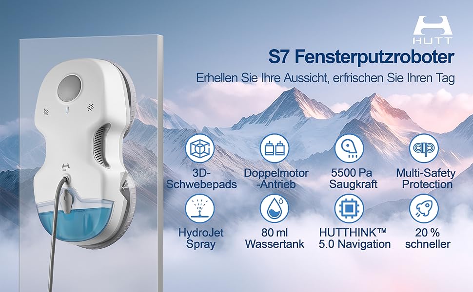 Робот-прибиральник вікон HUTT S7 з функцією розпилення, 5500Pa, 3D-подушка, 80мл бак, автоматичний, з багаторазовим захистом, 8 мікрофібра, у кейсі