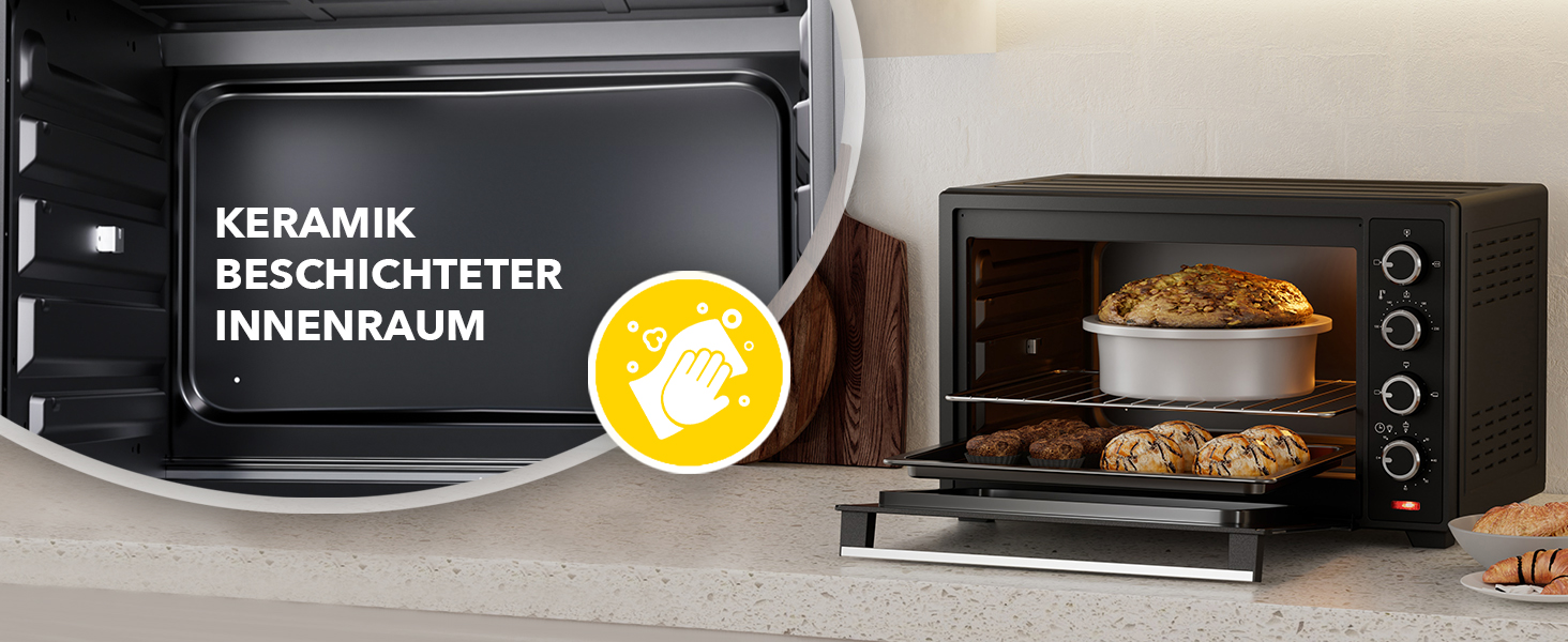 Багатофункціональна міні-піч Heinrich's 48L з конвекцією, таймером, підсвічуванням, 100-230°C, сенсорне керування, з аксесуарами, чорна, 2000W