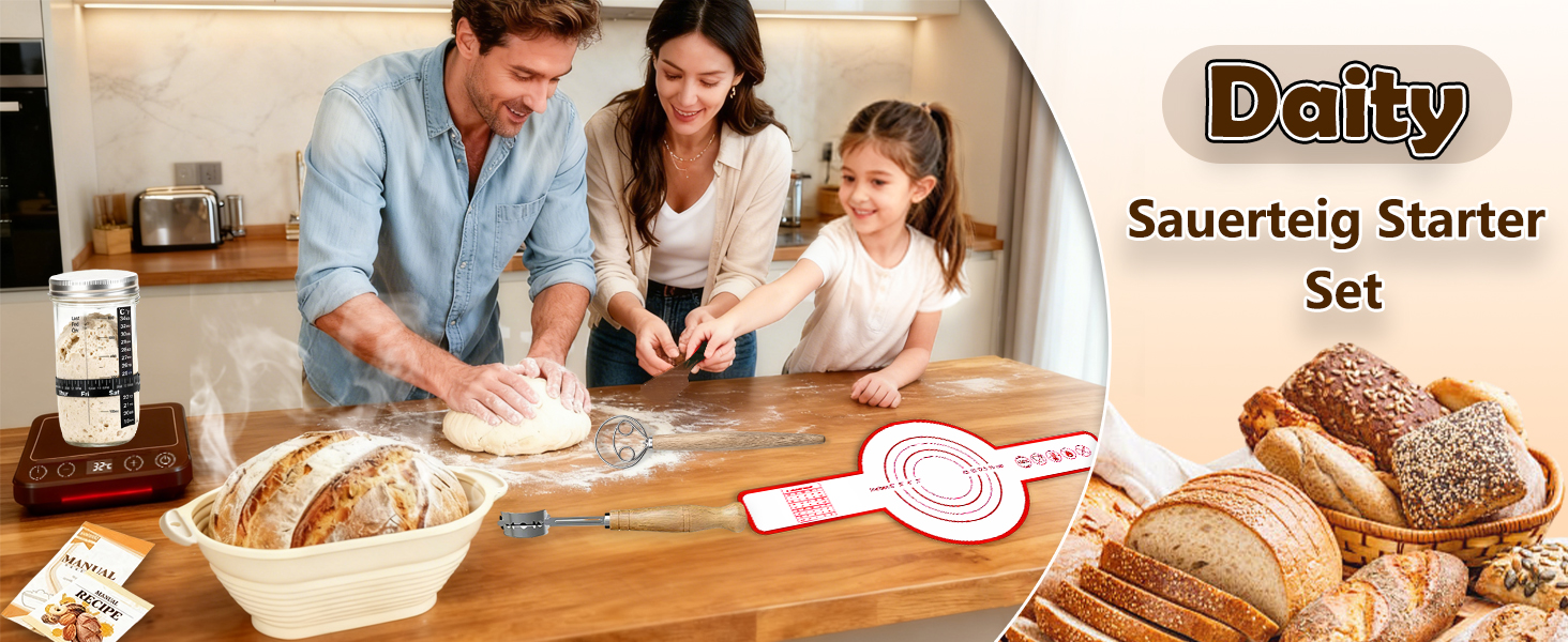 Набір для закваски Daity: 12 предметів для випікання хліба, термоконтейнер, гнітниця для бродіння овальної форми 28 см, силікон, для початківців та професіоналів