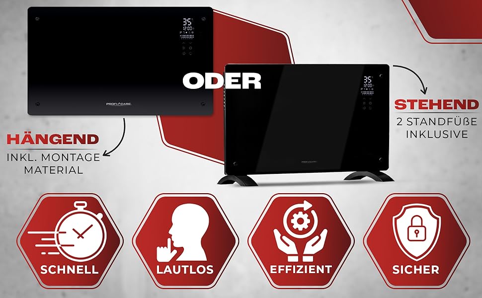 ProfiCare® Електричний конвектор з скляною передньою панеллю та X-подібним нагрівальним елементом | Мобільний обігрівач, також підходить для настінного монтажу | Конвектор з 2 рівнями нагріву | Безшумне опалення - 0dB | PC-GKH 3119 чорний