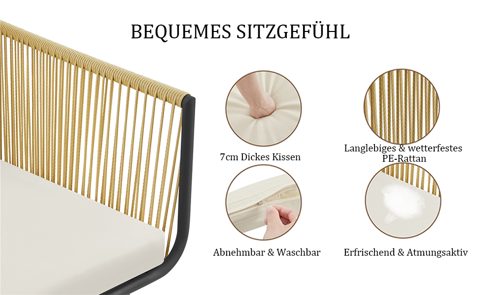 Набір садових меблів Yaheetech з ротангу для балкона: 2 крісла з подушками та стіл зі скляною стільницею, світло-коричневий/кремовий