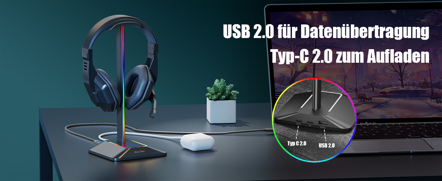 Нова підставка для навушників Bee RGB із зарядним пристроєм USB-C та передачею даних, універсальний ігровий тримач (чорний)