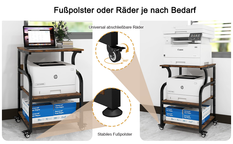 Регульований стіл для принтера PUNCIA з 3 ящиками та колесами. Мобільний візок для принтера з дерева та металу (60 x 50 см, Retro)