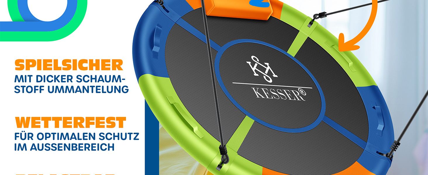 Шоукель KESSER® Tellershaukel Ø 120cm, до 300кг, з подушкою та 4 ручками, регульована, для дітей та дорослих, Indoor & Outdoor, кольорова