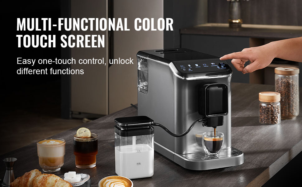 VEVOR Кавомашина автоматична, вбудована кавомолка, 15 ступенів помелу, резервуар для води 1,5 л, контейнер для кавових зерен 180 г (CM9002M-CB)