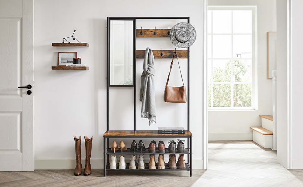 Дзеркало-вішалка VASAGLE HSR415B01 з банкеткою, полицею для взуття, гачками, 35 x 98 x 180 см, для прихожей, спальні, вітальні, індустріальний стиль, вінтажний коричневий + чорний