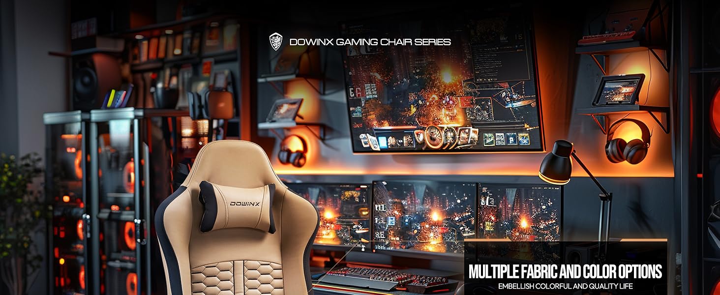 Ігрове крісло Dowinx з підігрівом і масажною поперековою підтримкою, коричневе, з подушкою з пружинним наповнювачем і підніжкою, високою спинкою для дорослих