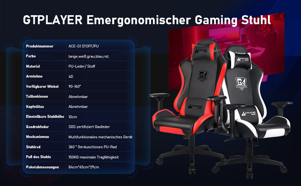 Ігровий крісло GTPLAYER з тканини, ергономічний офісний крісло для ПК, 150 кг, регульований, поворотний, з підлокітниками та підставкою для ніг (червоно-фіолетовий)