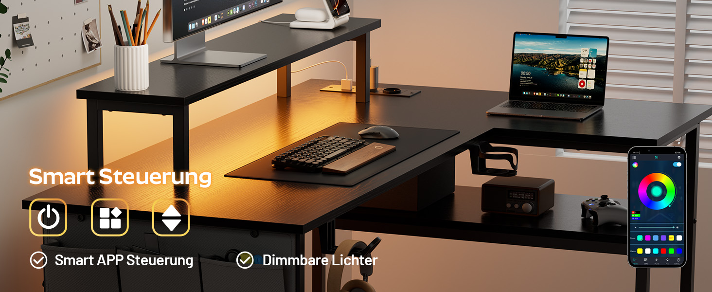 Кутовий стіл HLONONE з LED-підсвіткою та розетками, 110 x 80 см, з полицею, для комп'ютера, геймінгу, офісу, дому, білого (чорного) кольору