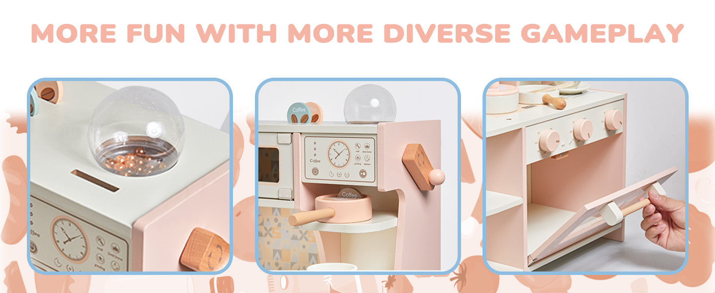 Дитяча дерев'яна кухня для приготування їжі - ігровий набір з 26 аксесуарів. Іграшкова кухня з продуктами та кухонним посудом. Чудовий подарунок для дівчаток та хлопчиків 3+ років. Велика кухня (рожева)