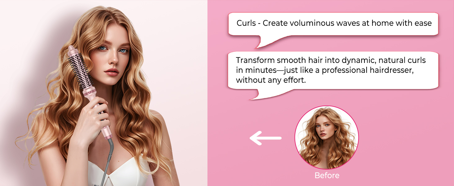 UKLISS Hairstyler 5 в 1: Фен-щітка, стайлер для волосся, плойка, насадки для об'єму та випрямлення (Класичний Рожевий)