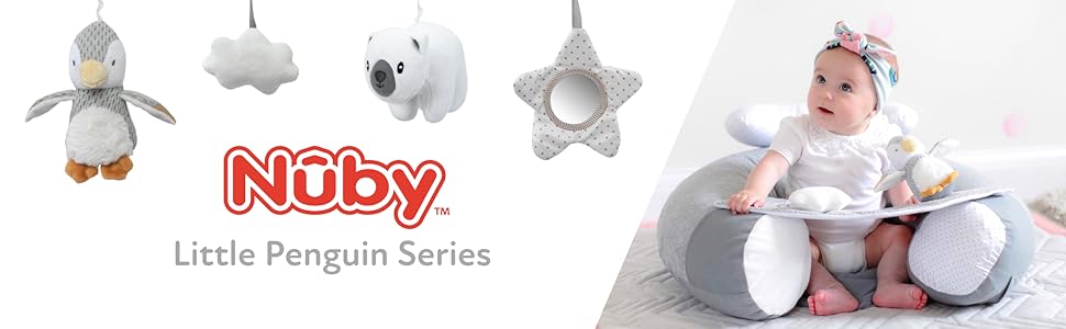 Мобіль на ліжечко Nuby для немовлят з регульованою дугою, універсальний, з м'якими іграшками (Пінгвін Пебблс та друзі)