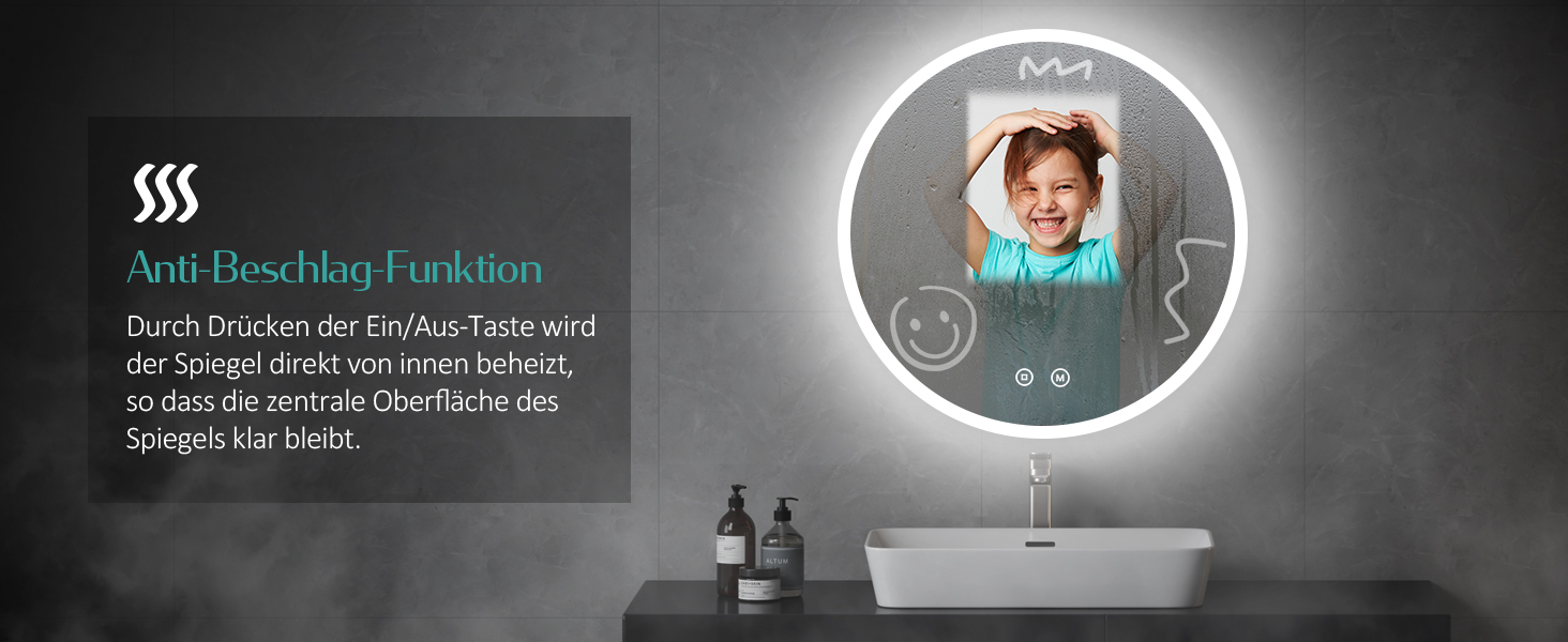 Дзеркало для ванної кімнати EMKE з підсвічуванням 80x60 см, сенсорне управління, антизапар, 3 кольори світла, регулювання яскравості, функція пам'яті, енергозбереження