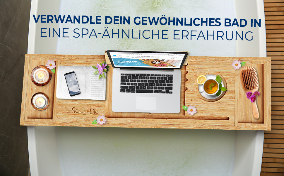 Підставка для ванни SereneLife з дерева - Розширювана підставка для ванни 70-105 см з тримачем для напоїв та книжковою підставкою, вологостійка, аксесуар для ванни, Wellness