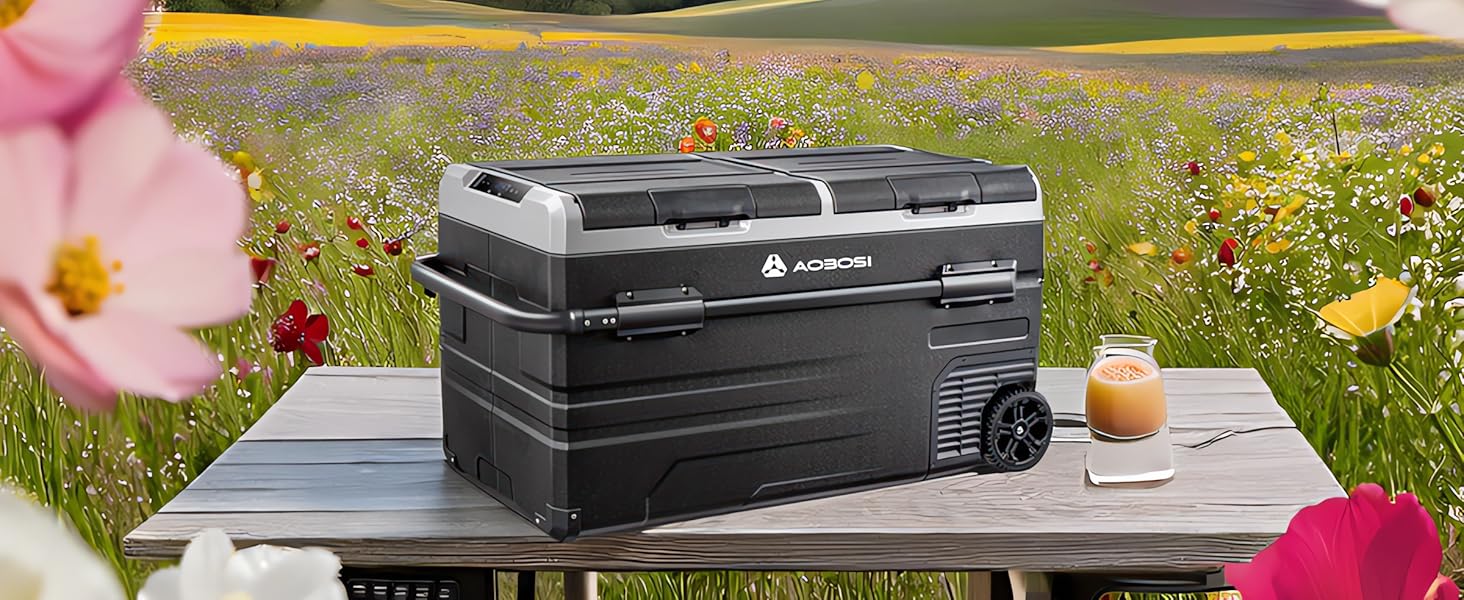 Компресорна холодильна сумка AAOBOSI з двома зонами, 115L, з Wi-Fi, USB, 12/24/240V, -20°C до 20°C для авто, вантажівки, човна, кемпінгу