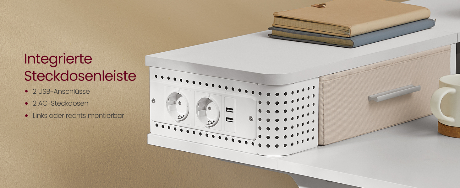 Електричний регульований стіл VASAGLE 120x60 см, білий, з підставкою для монітора, USB-роз'ємами, пам'яттю висоти