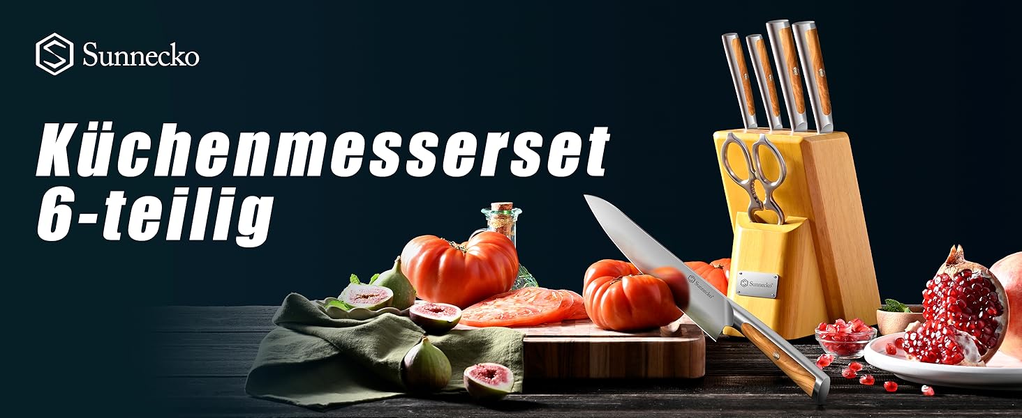 Набір ножів Sunnecko 6 шт. з підставкою – кухонний набір ножів, кухонні ножі з ергономічними ручками, гострими лезами, підставка з нержавіючої сталі та акації