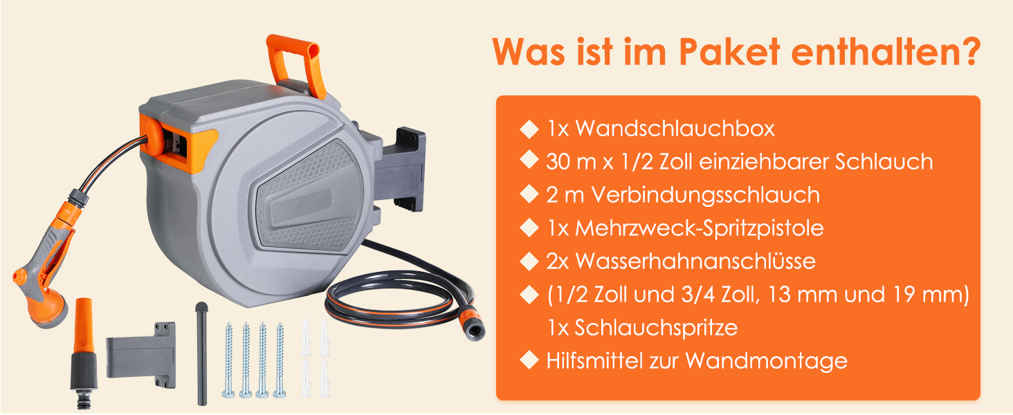 Шланговий барабан з шлангом для саду, настінний, поворотний на 180°, автоматичне змотування, шланговий бокс з ручною лійкою (9 функцій), для поливу, миття авто (сіро-помаранчевий, 20м)