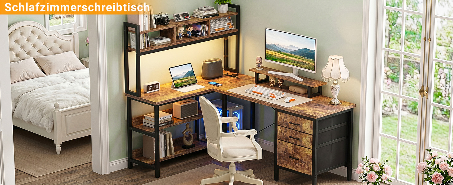 Кутовий L-подібний письмовий стіл Homieasy 150 см з LED-підсвіткою, шухлядою та розетками (USB, Type-C), підставкою для монітора та полицею A4, рустикальний коричневий, МДФ