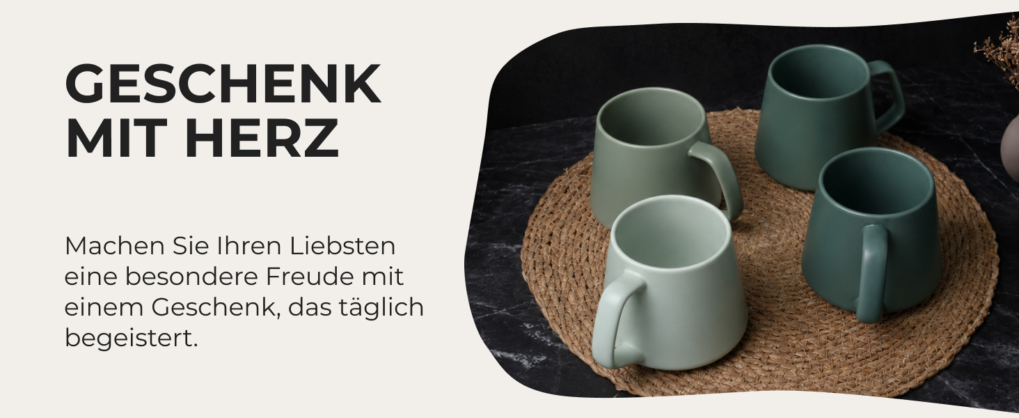 Набір керамічних чашок для кави та чаю MIAMIO Luxe Collection (4 шт, 420 мл) — великі чашки для капучино та еспресо, підходять для мікрохвильової печі та посудомийки, колір Evergreen