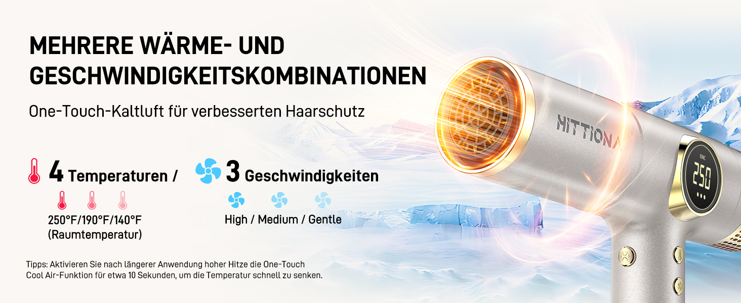 Іонічний дорожній фен HITTIONA 3 в 1 з диффузором, золото: швидке сушіння, подвійна напруга (100-240V), низький рівень шуму