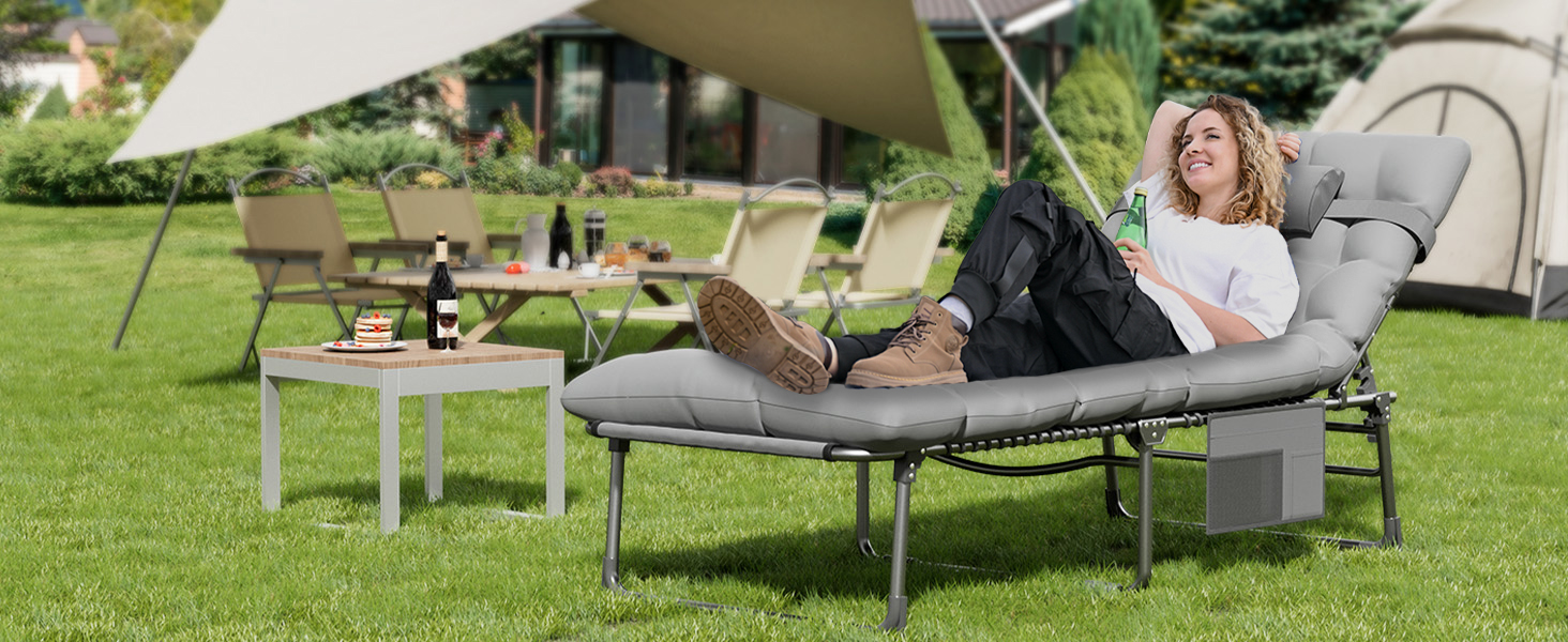 Розкладне ліжко для кемпінгу UDPATIO: зручне ліжко для відпочинку на природі з регульованою спинкою, сіре