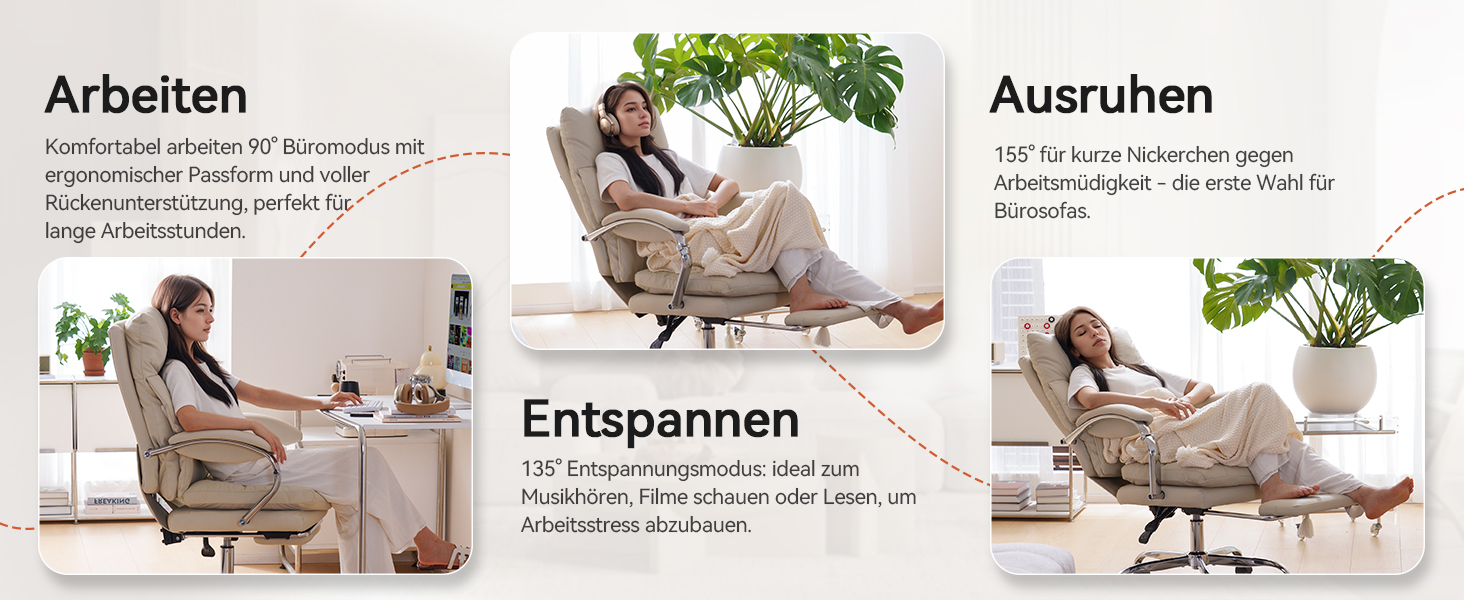 Офісний крісло EMIAH з підставкою для ніг, комфортний крісло для роботи з підлокітниками, ергономічний крісло для начальника з PU шкіри та роликами, ігровий комп'ютерний стілець з потовщеним сидінням, без функції масажу (Бежевий)