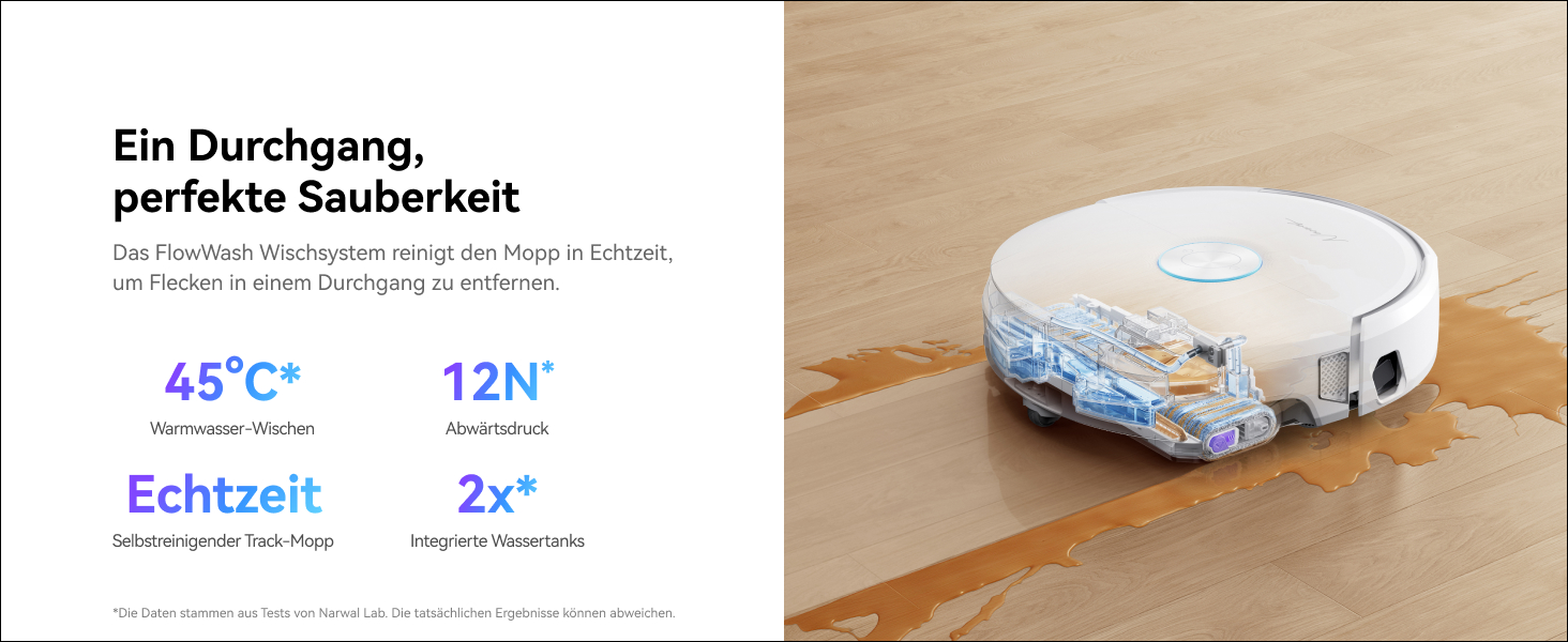 Робот-пилосос NARWAL Flow з функцією миття підлоги, система FlowWash з автоматичним самоочищенням, потужність 22000 Па, збір шерсті тварин DualFlow, миття 45-80°C та гаряче повітря, док-станція для самостійного очищення
