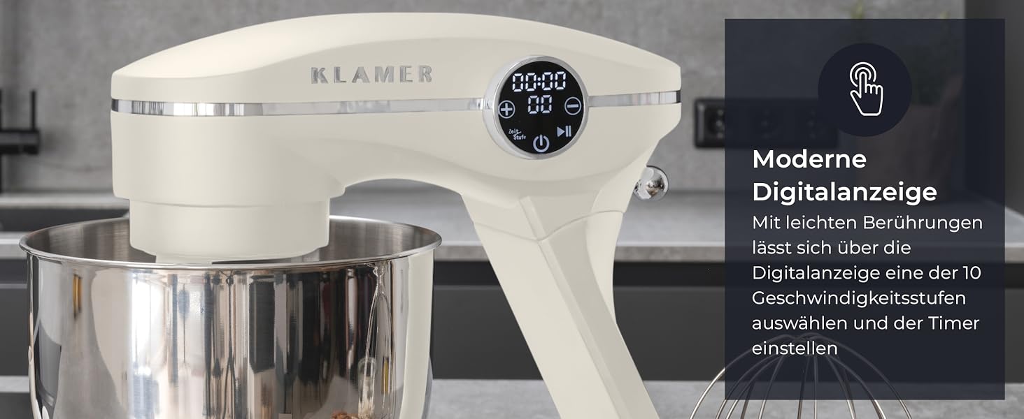 Планетарний міксер KLAMER 1800W для тіста з чашею 6л з нержавіючої сталі, 10 швидкостей, таймером та набором насадок (гак, вінчик, міксер), колір Premium Creme