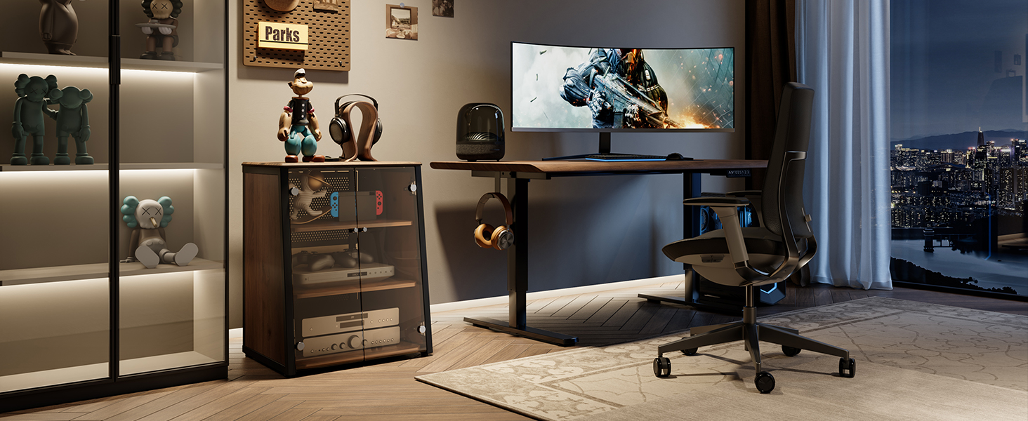 FITUEYES HiFi стійка з скляними дверцятами, стіл для програвача з захисним оснащенням, регульовані полиці для програвача та стереосистем, 66x65x81 см