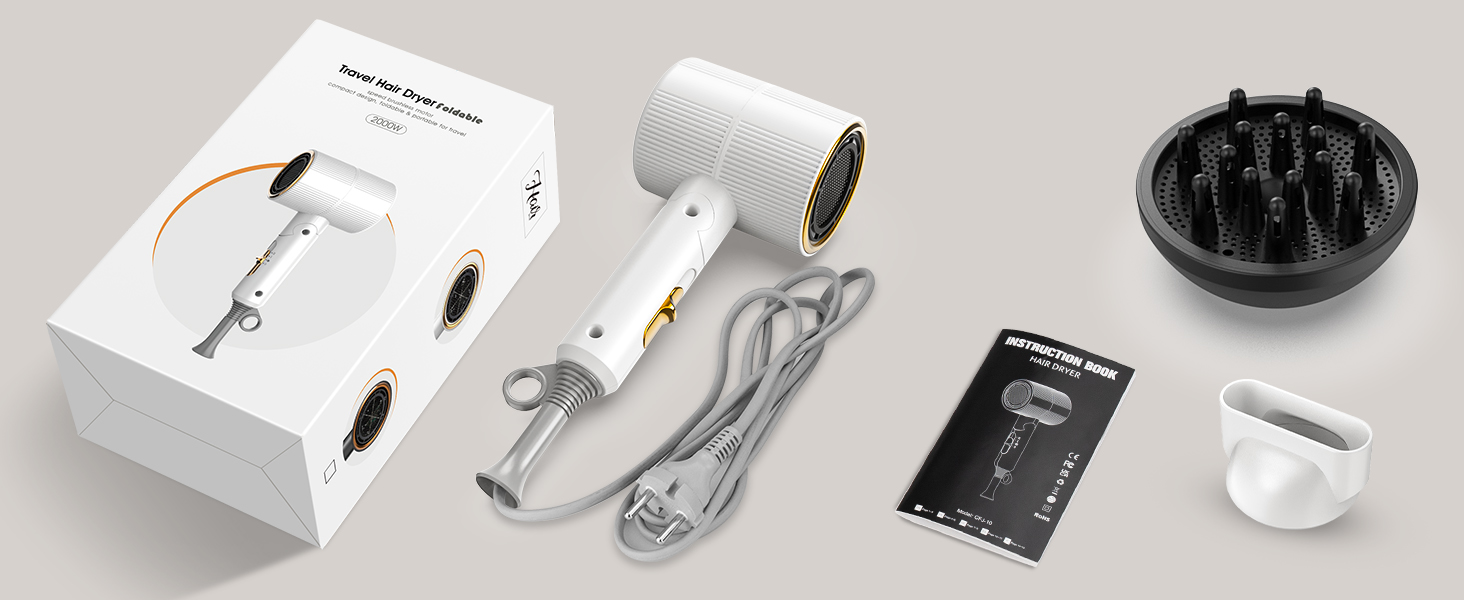 Компактний іонізуючий фен для волосся 2000W, складаний дорожній фен з дифузором та стилізуючою насадкою, швидке сушіння, білий