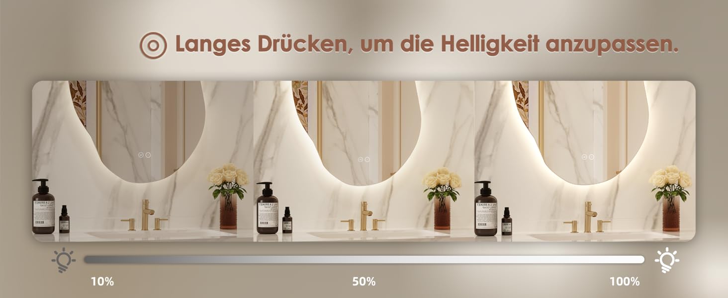 Дзеркало для ванної кімнати Dripex LED з підсвічуванням, сенсорне керування, регулювання яскравості, 3 кольори світла, без запотівання, асиметричне, 85x52 см