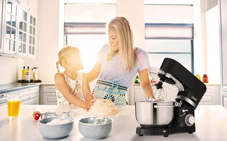 Кухонна машина Arebos 1500W чорного кольору | Міксер з 2 чашами з нержавіючої сталі 4.5 та 5.5L | Тиха робота | 6 швидкостей, набір насадок (крюк для тіста, вінчик, гак для збивання)