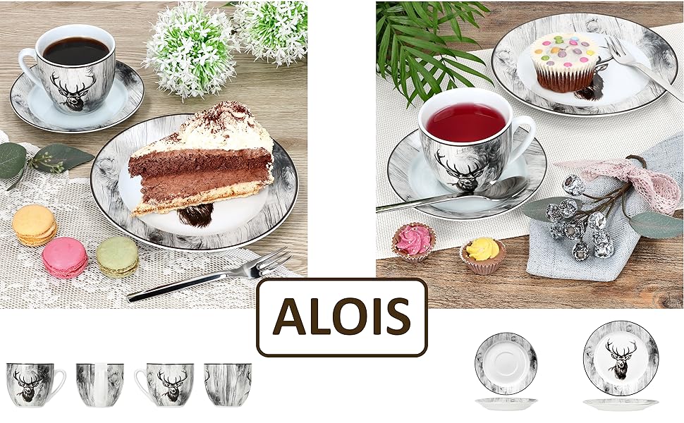 MamboCat Alois - кавовий сервіс на 6 осіб, 18 предметів, біле фарфорове посуд з декором оленів, 6 чашок 200 мл, 6 підставок та тарілки для сніданку та кави