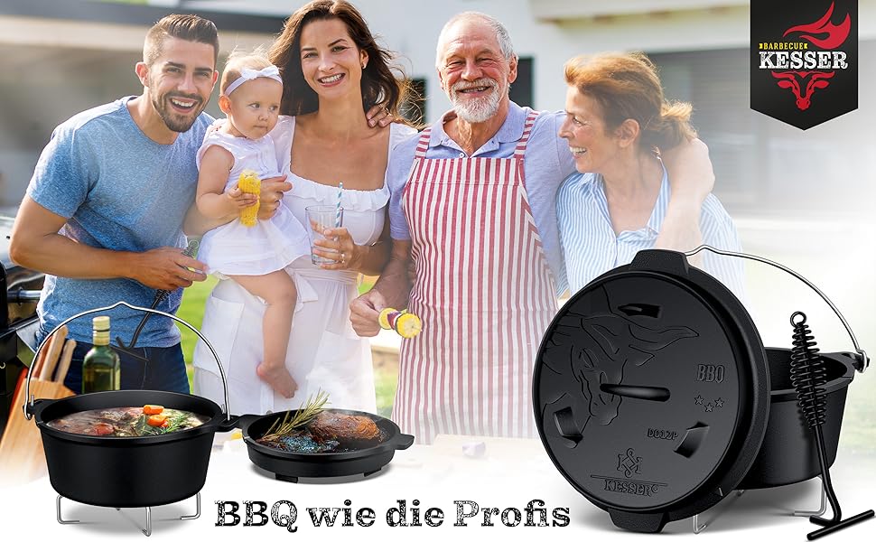 Набір чавунних казанів KESSER Dutch Oven для гриля та BBQ, 7.3 л, з підставкою з нержавіючої сталі, кришкознімачем та отвором для термометра, для використання на відкритому повітрі та вдома