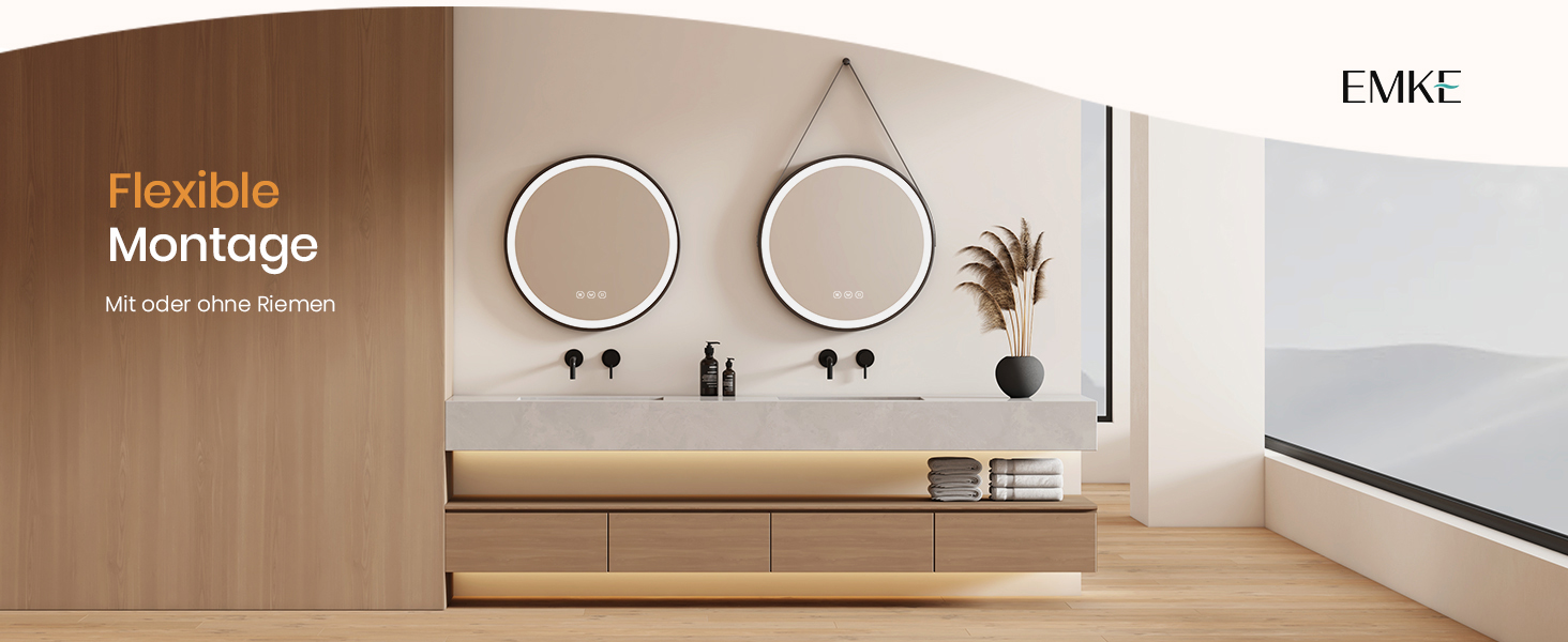 Круглий дзеркало для ванної кімнати EMKE з підсвічуванням 50 см, 3 кольори, регулювання яскравості, антизапар, пам'ять, сенсорне управління, таймер 3 години, енергозберігаючий