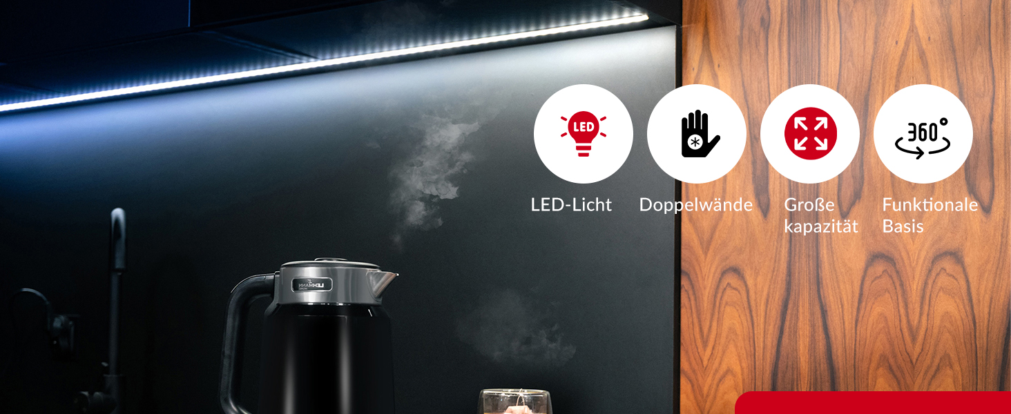 Електричний чайник LEHMANN з нержавіючої сталі 2L, 2200W, швидкий нагрів, подвійні стінки, автовимкнення та захист від перегріву, BPA-free, для великих сімей та офісів, чорний