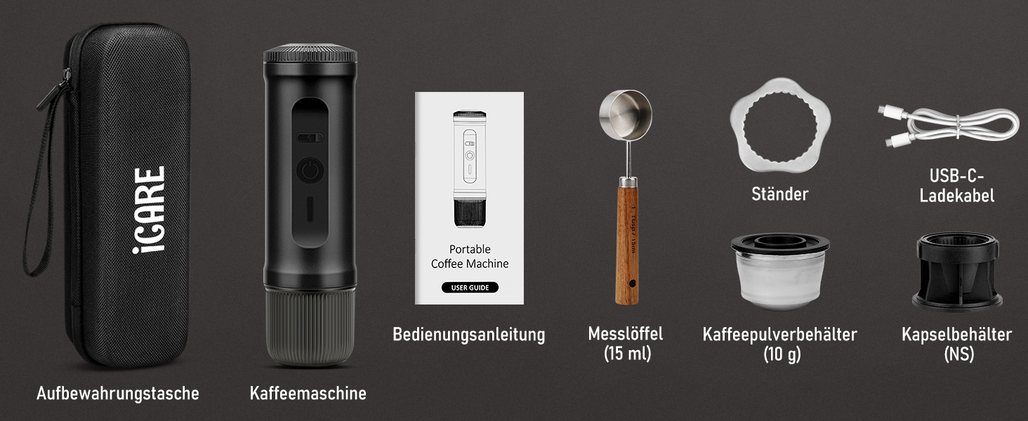 Портативна кавомашина ICARE з акумулятором, 2-в-1 для капсул NS та меленої кави, самонагріваюча, USB-C, індикатор заряду, для кемпінгу, подорожей та в дорогу (Чорний)