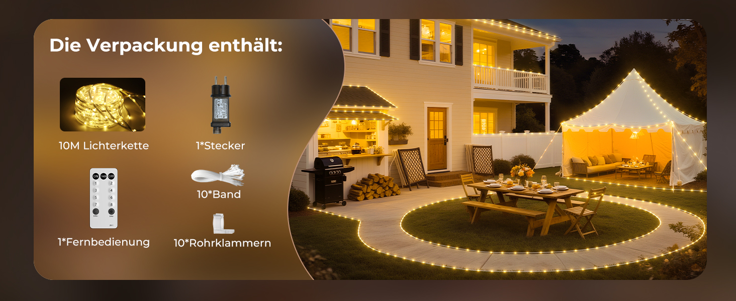 LED гірлянда для декорування приміщень та вулиці: 24 лампочки, 12м, RGB, тепле світло, 8 режимів, таймер, димування. Підходить для вечірки, саду, балкону, тераси, весілля, Різдва.