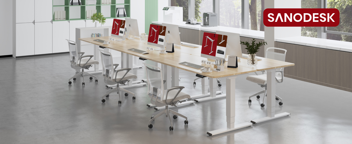 Регульований стіл Sanodesk 160x80 см білий + ahron. Електричний, ергономічний, з подвійним мотором.