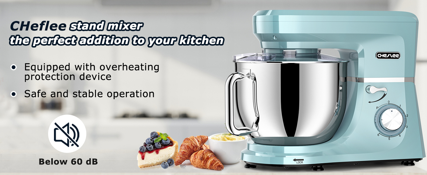Кухонна машина Cheflee 2000W: потужна планетарна міксер для тіста та збивання, 6 швидкостей, 7.2 л чаша з нержавіючої сталі, гак для тіста та вінчик, захист від бризок (блакитна)