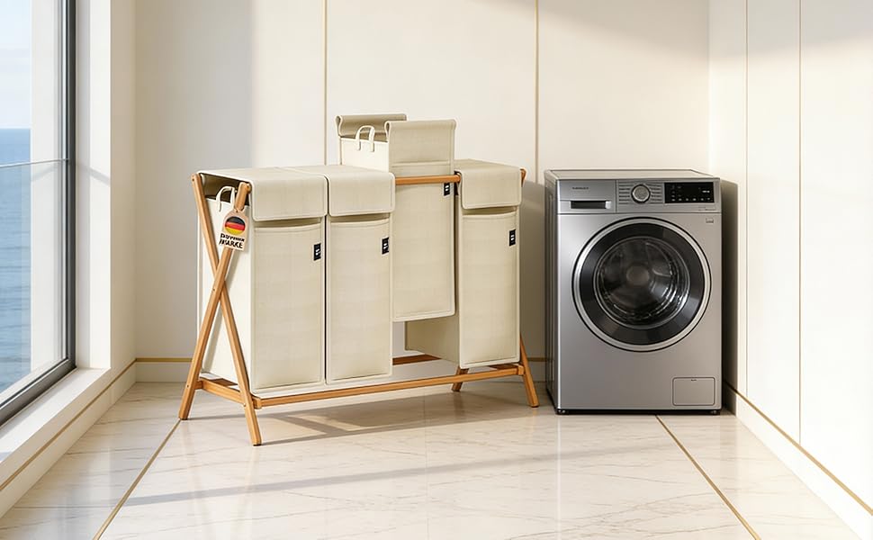 Кошик для білизни AdelDream з 3 відділеннями, 150л, бамбук, сортувальник, сірий