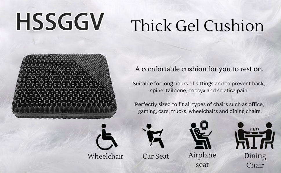 Ортопедична гелева подушка на сидіння для офісного крісла, авто та візків — м'яка подушка з антиковзаючим знімним чохлом, чорна (43x39x4 см)