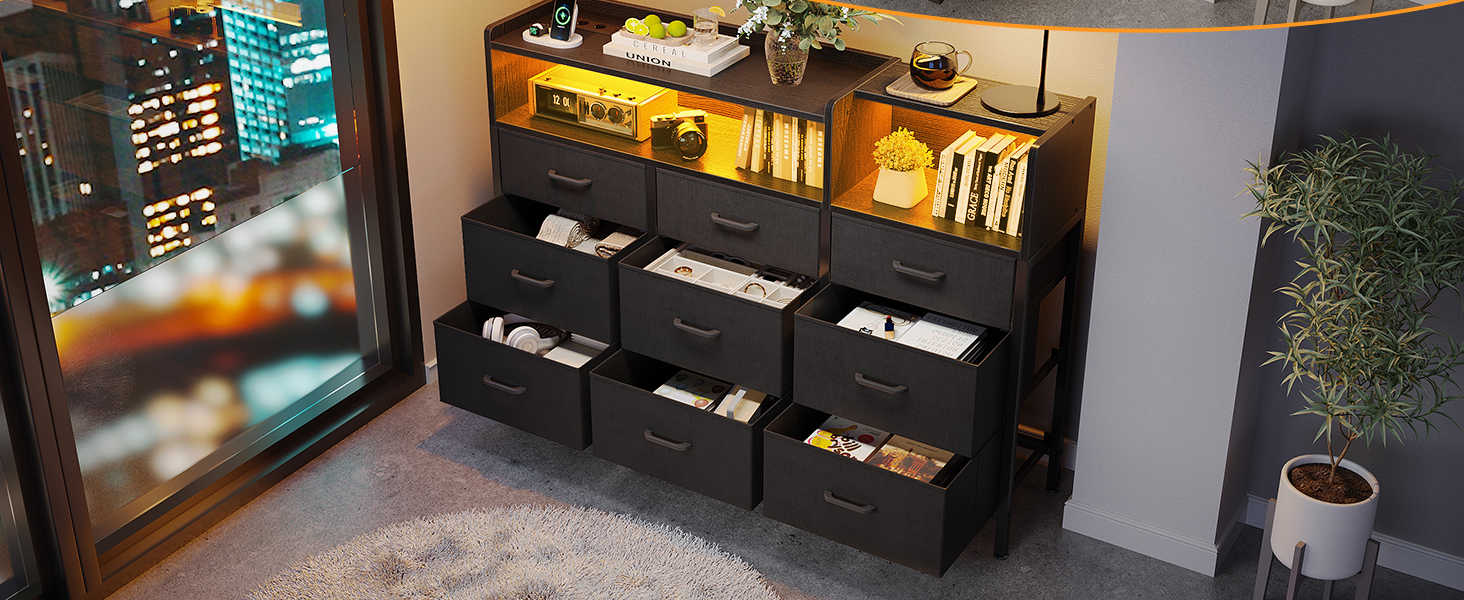 Комод ODK з шухлядами, 2 розетки, 2 USB, 10 LED-смужок, полиця, стільниця, 9 тканинних шухляд, чорний колір, 130x30x97 см