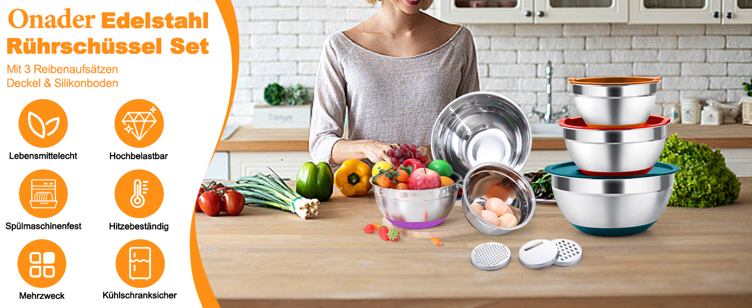 Набір мисок Onader з нержавіючої сталі: салатники з кришкою та 3 терками для кухні. Об'єм: 4л, 2.8л, 2.5л, 1л, 1.2л, 0.7л. Складається з 6 мисок, можна складати та мити в посудомийній машині.