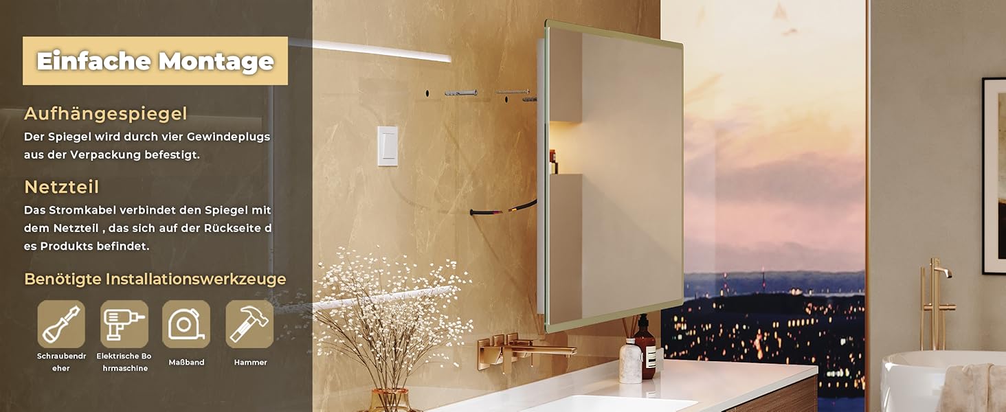 Дзеркало для ванної кімнати LOMIKEN з підсвічуванням, 60x50 см, LED, холодний білий світ, енергозбереження, вертикальне/горизонтальне кріплення, вимикач на стіні, матові краї