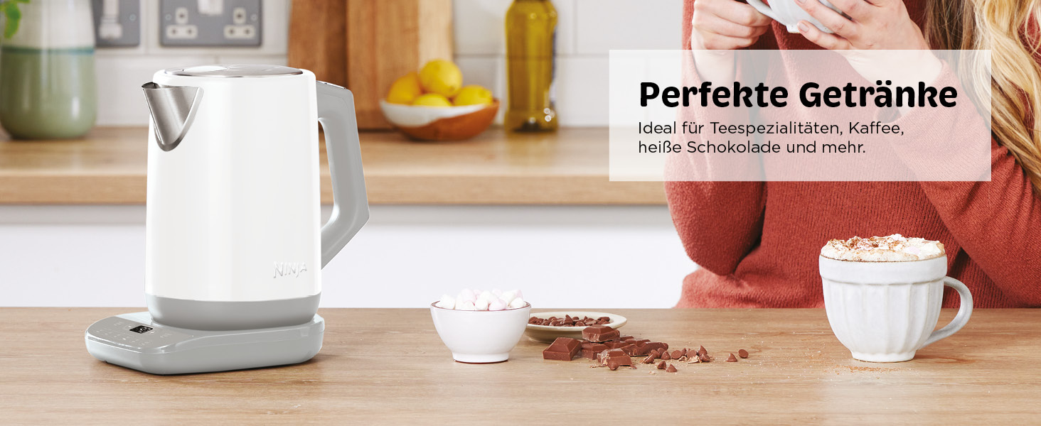 Електричний чайник Ninja Perfect Temperature, 1.7L, LED-дисплей, швидке кип'ятіння, регулювання температури, білий KT200EUWH