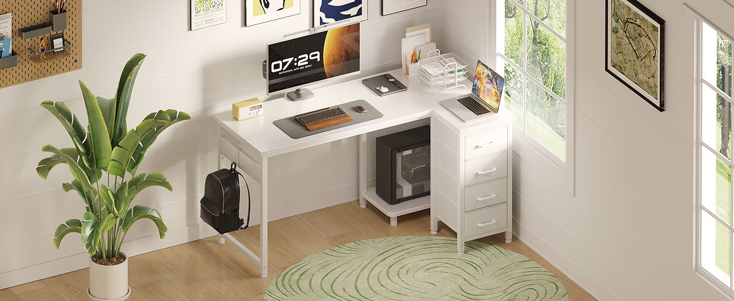 Комп'ютерний кутовий стіл Coleshome 100x70 см з 4 висувними ящиками, білий, для офісу, кабінету, спальні