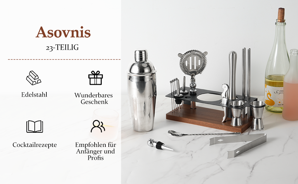 Набір бармена на 23 предмети: шейкер, сито, ложка, мадлер та інші інструменти для приготування коктейлів. Ідеально для дому, бару, вечірки (колір: коричневий)
