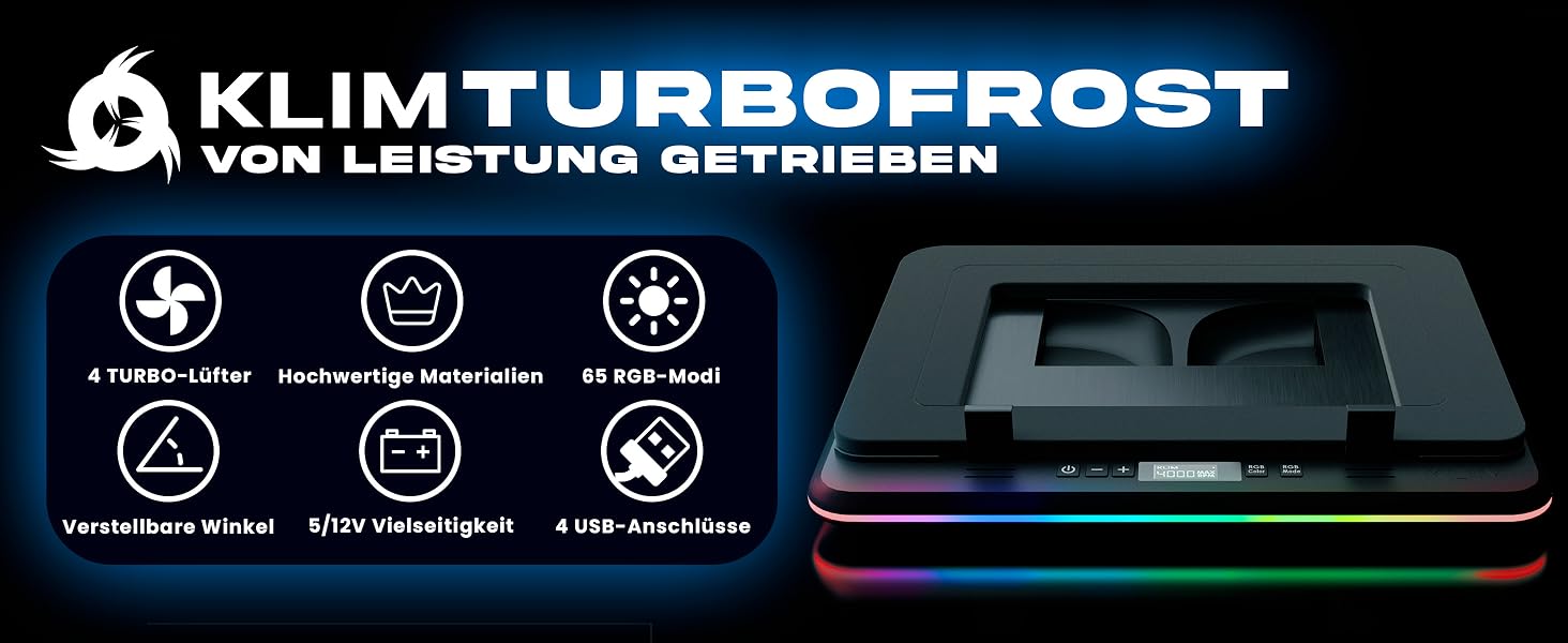 Ігровий охолоджувач для ноутбука KLIM Turbofrost до 17 дюймів, 4 вентилятори, RGB підсвітка, алюміній, чорний